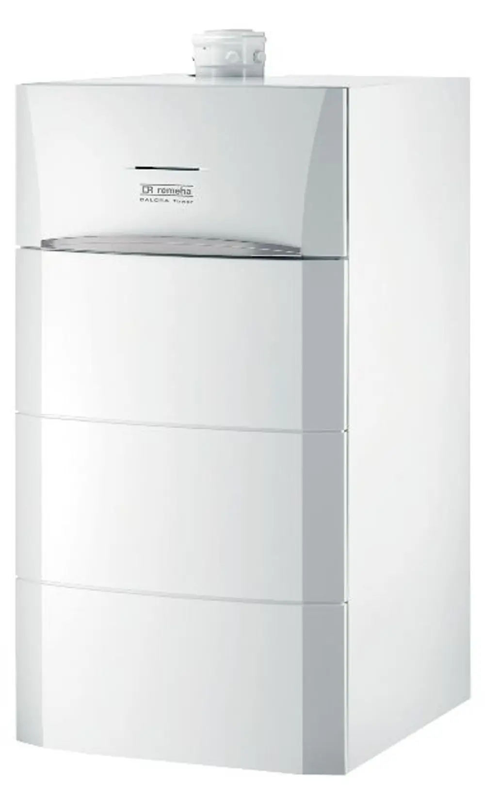Öl-Brennwertkessel in Weiß von Remeha mit abgerundeten Kanten und drei Fächern zur Aufbewahrung. Eindrucksvolles, schlichtes Design ohne sichtbare Bedienelemente.